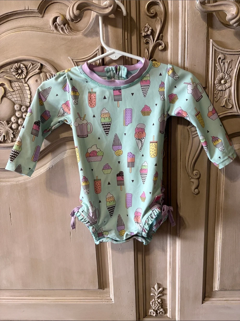 Ruffle Butts Mint Ice Cream Print Long-Sleeve One-Piece